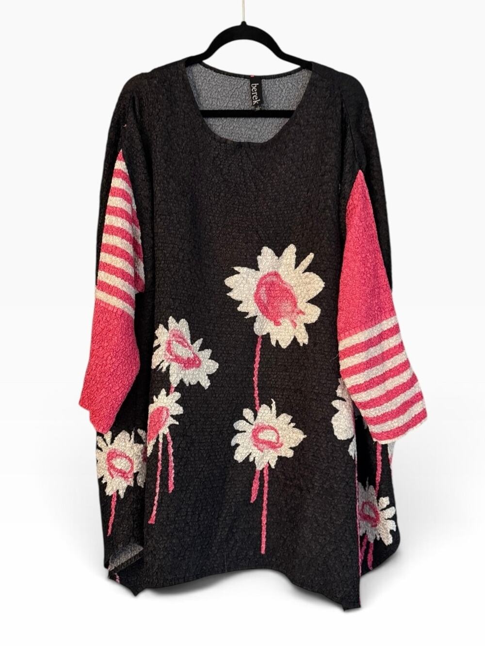 Berek 3X Crinkle Tunic Top Floral Daisy Striped Asymmetrical Plus Black Pink